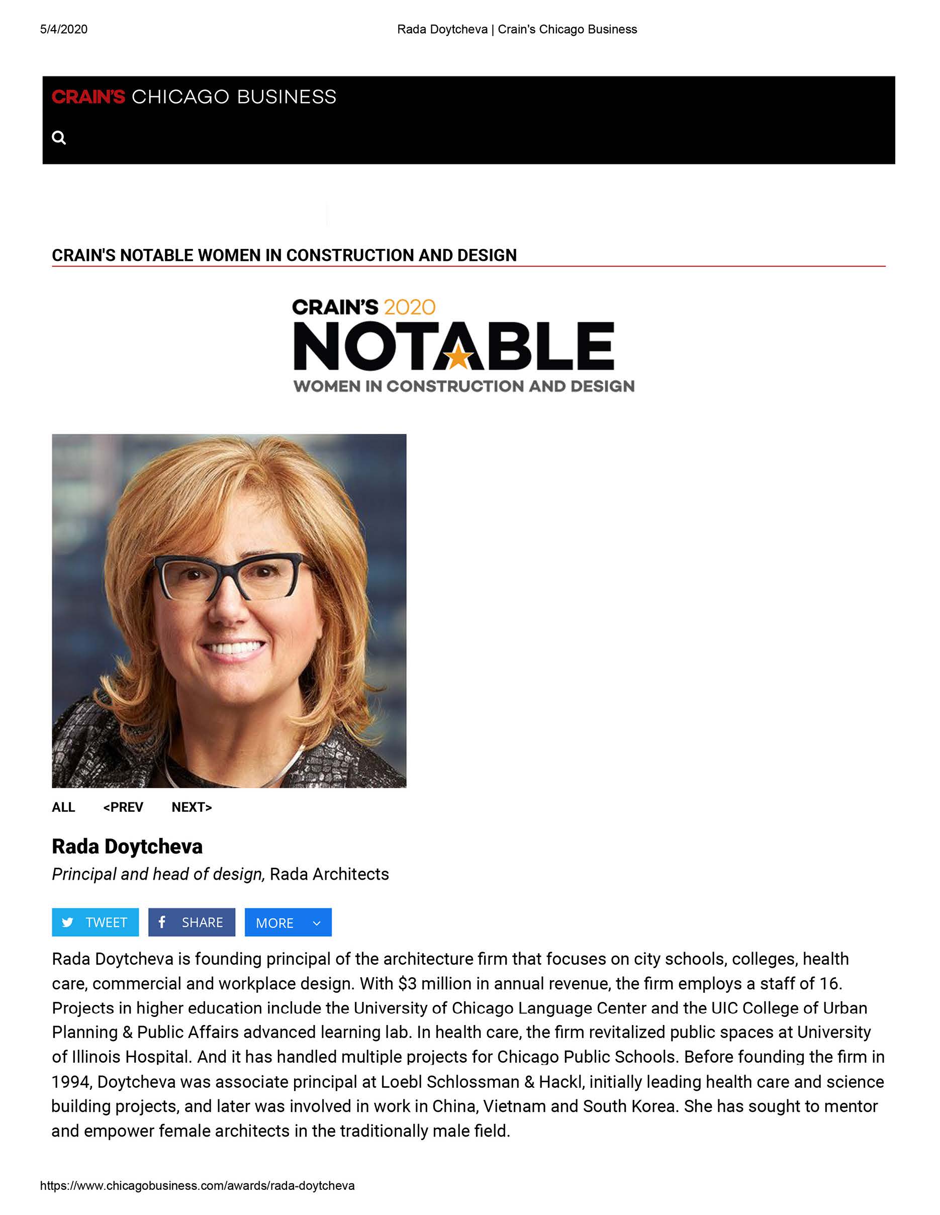 Congratulations To Rada One Of Crains 2020 Notable Women In